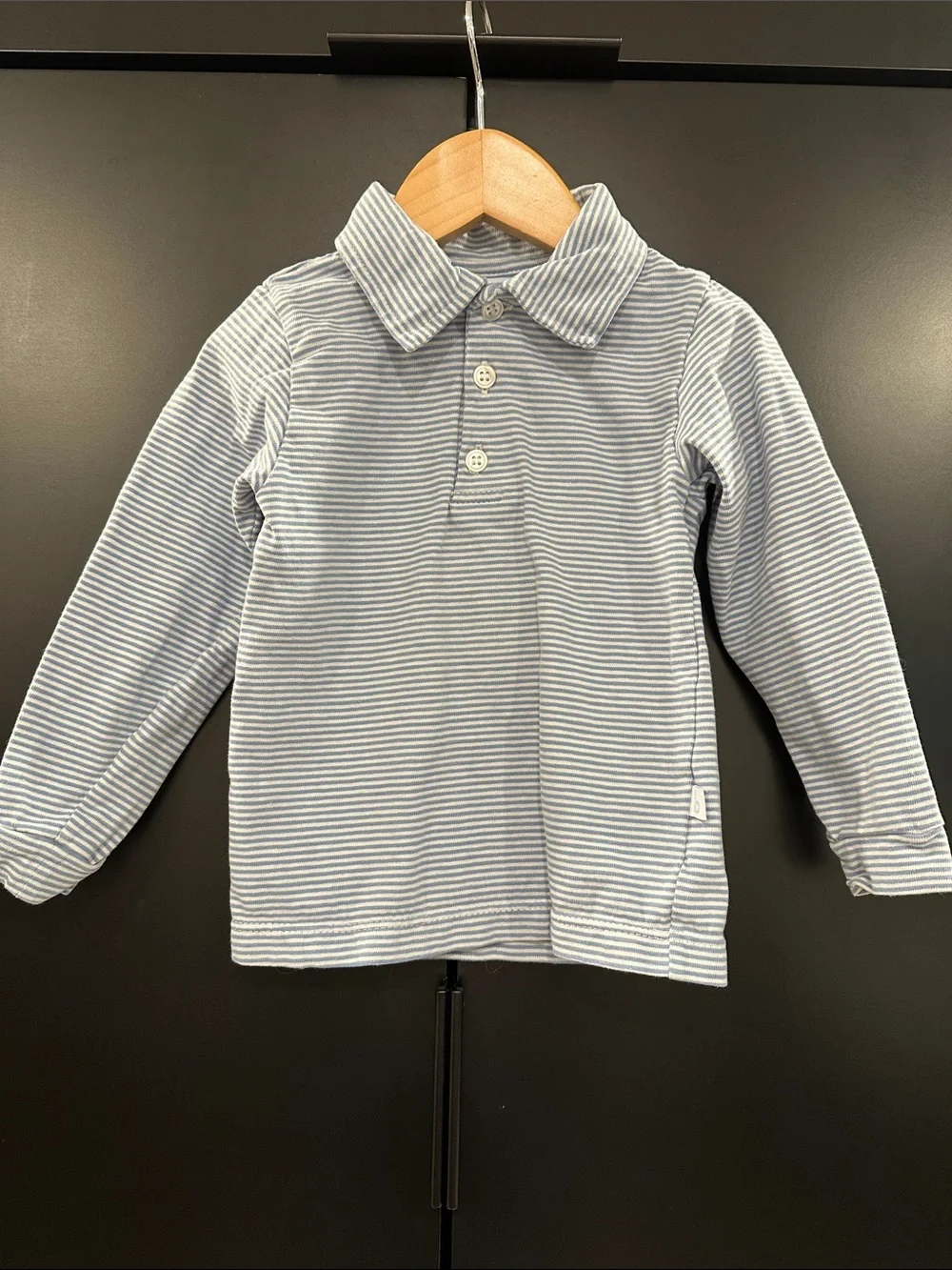 Bella Bliss Cotton Striped Long-Sleeve Polo Shirt in Light Blue and White